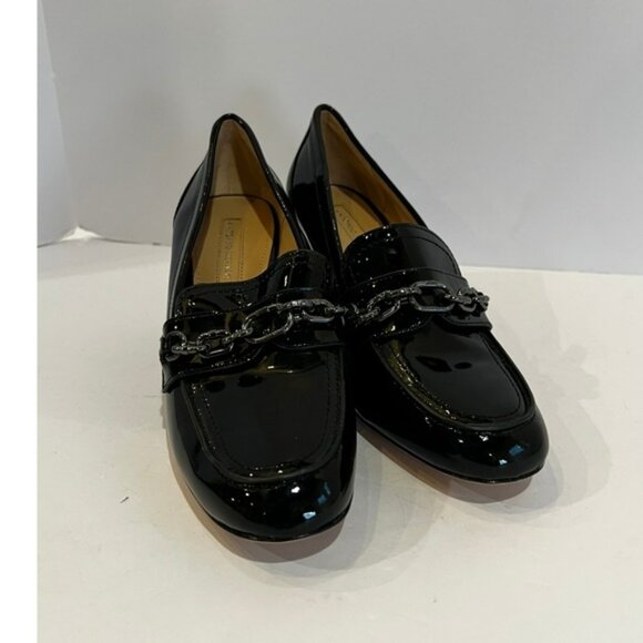 Antonio Melani Black Patent Leather Chain Loafer Block Heel Pumps Women's - Picture 1 of 11